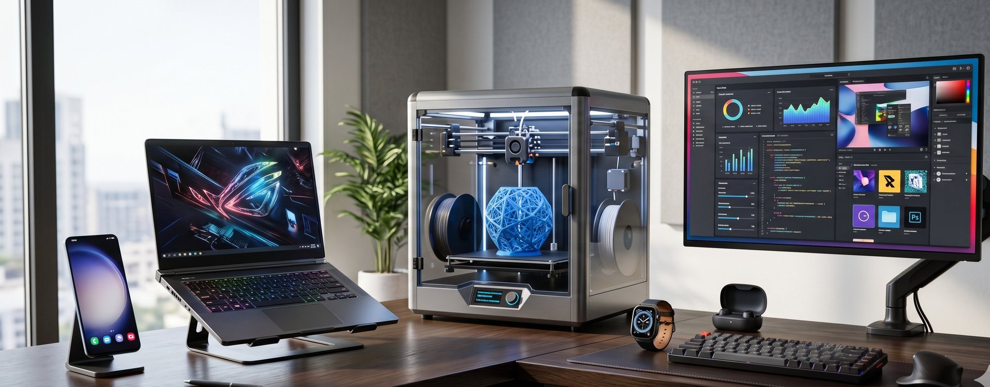 Modern tech review workspace with a 3D printer, gaming laptop, monitor, phone and accessories